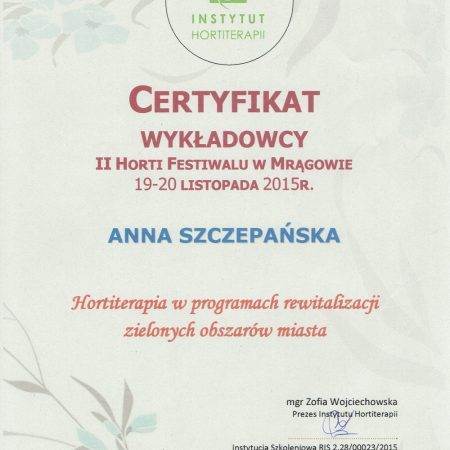 II Horti Festiwal certyfikat Zielona Terapia e1448136868367 450x450 - II Horti Festiwal w Mrągowie